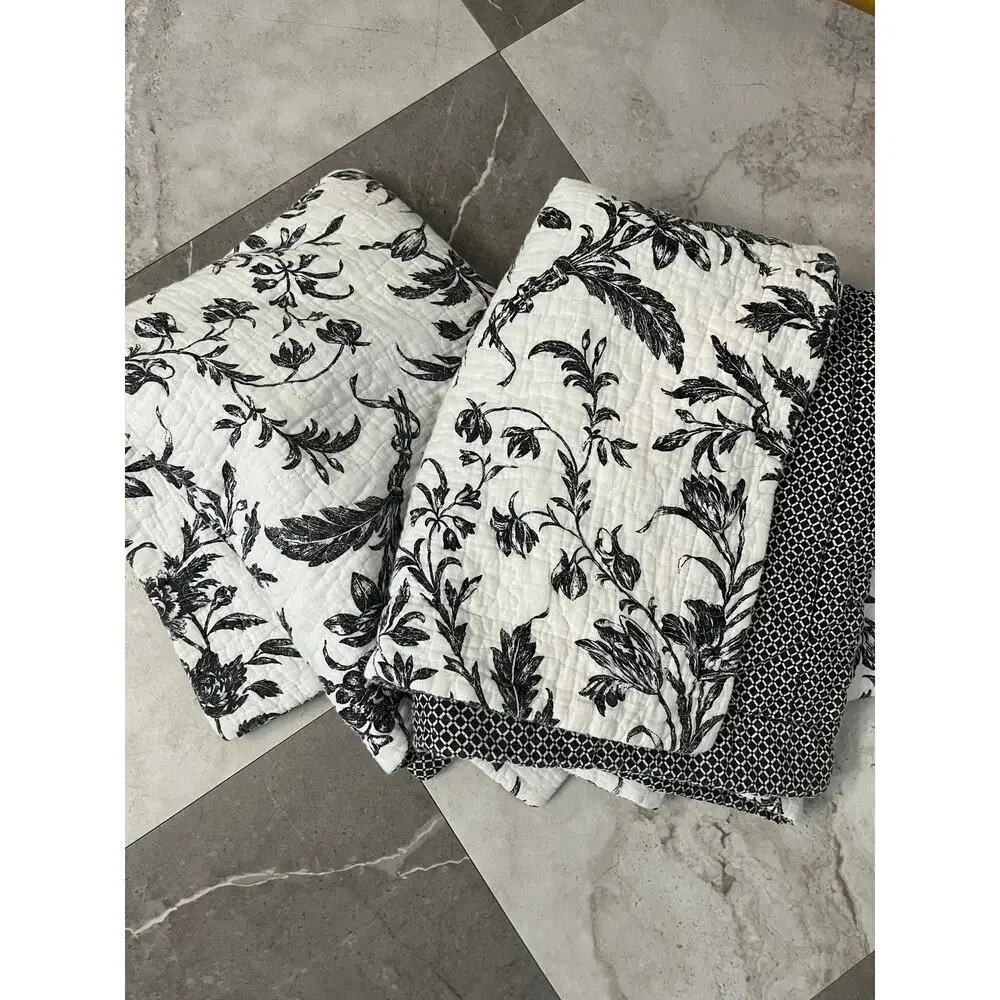 Laura Ashley Black White Floral Toile Reversible Quilt Set 2 Shams Full Queen